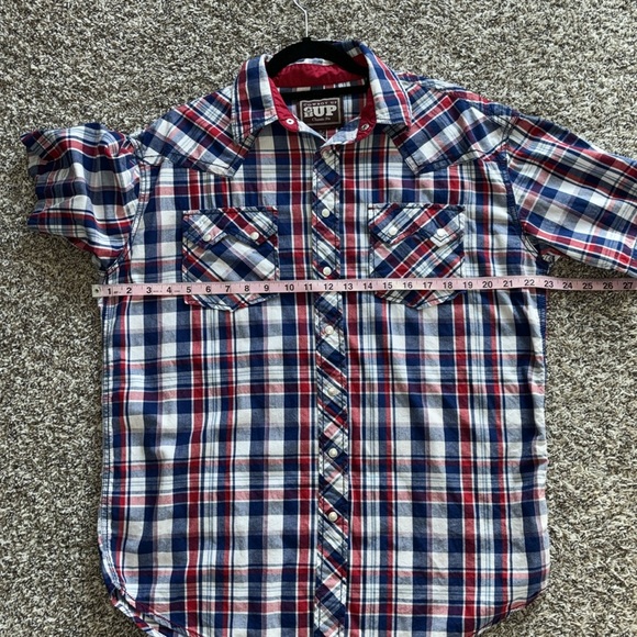 Cowboy Up plaid snap front shirt red white blue āMerica M - Picture 8 of 8